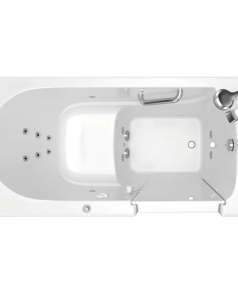 Top view showing the built-in contoured seat, safety bar, and 13-jet massage system